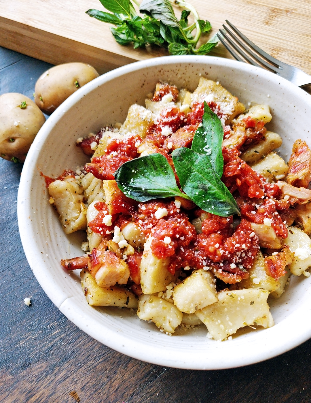 Homemade Gnocchi Pasta with Chicken, Tomatoes & Parmesan Cheese